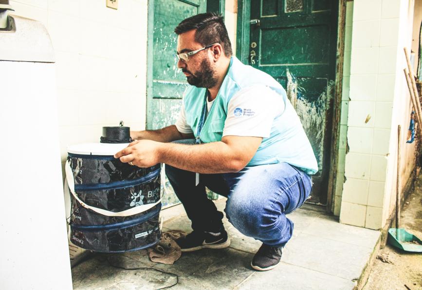World Mosquito Program employee places mosquito container in Niteroi Brazil