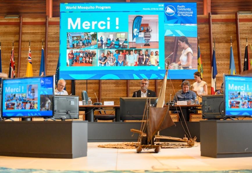 Photo of a projector screen showing 'merci' in reponses to World Mosquito Program's successful Wolbachia implementation in New Caledonia